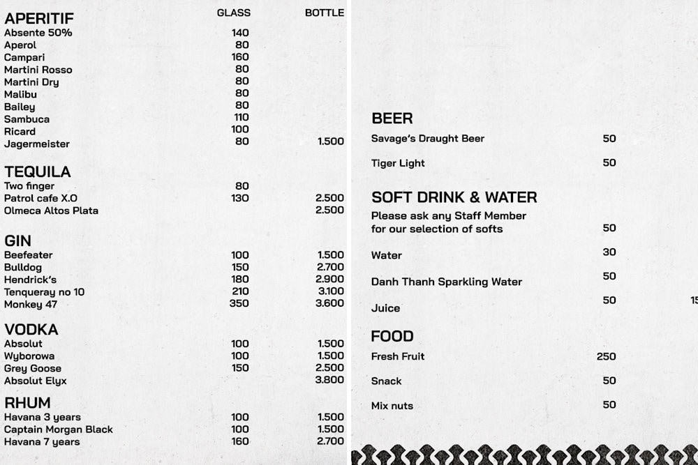 The drink menu offers a wide variety, from imported premium spirits to refreshing beverages and snacks